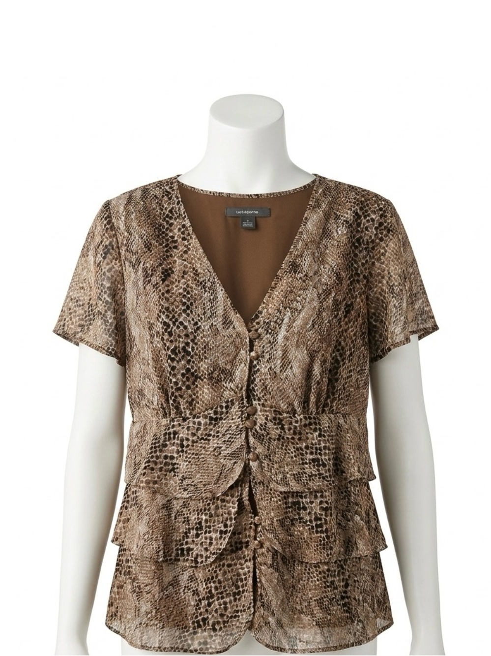 Liz Claiborne Brown Snake-Print Ruffle Short Sleeve Blouse, Size L‎